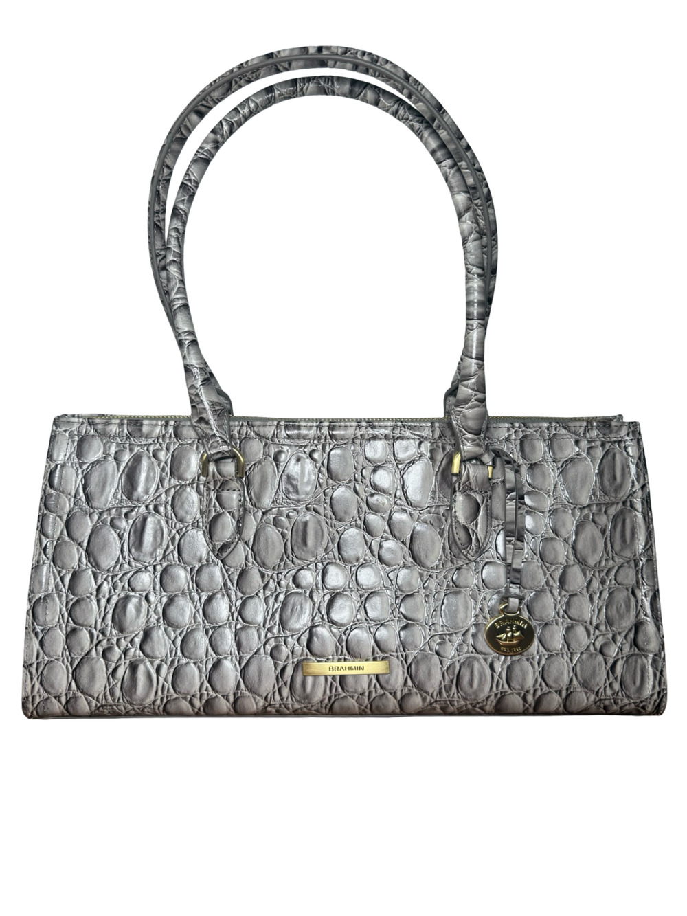 Brahmin Sophia East-West Croc Embossed Leather Satchel Silver